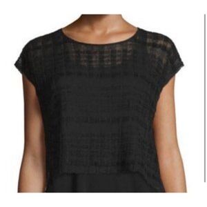Eileen Fisher Black Sheer Hemp Shadow Plaid Jewel Neck Top Quiet Luxury Sz L NEW